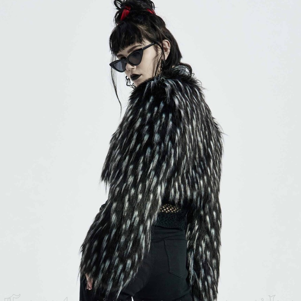 Punk Rave Gothic Black White Cropped Fur Jacket - Picture 4 of 15
